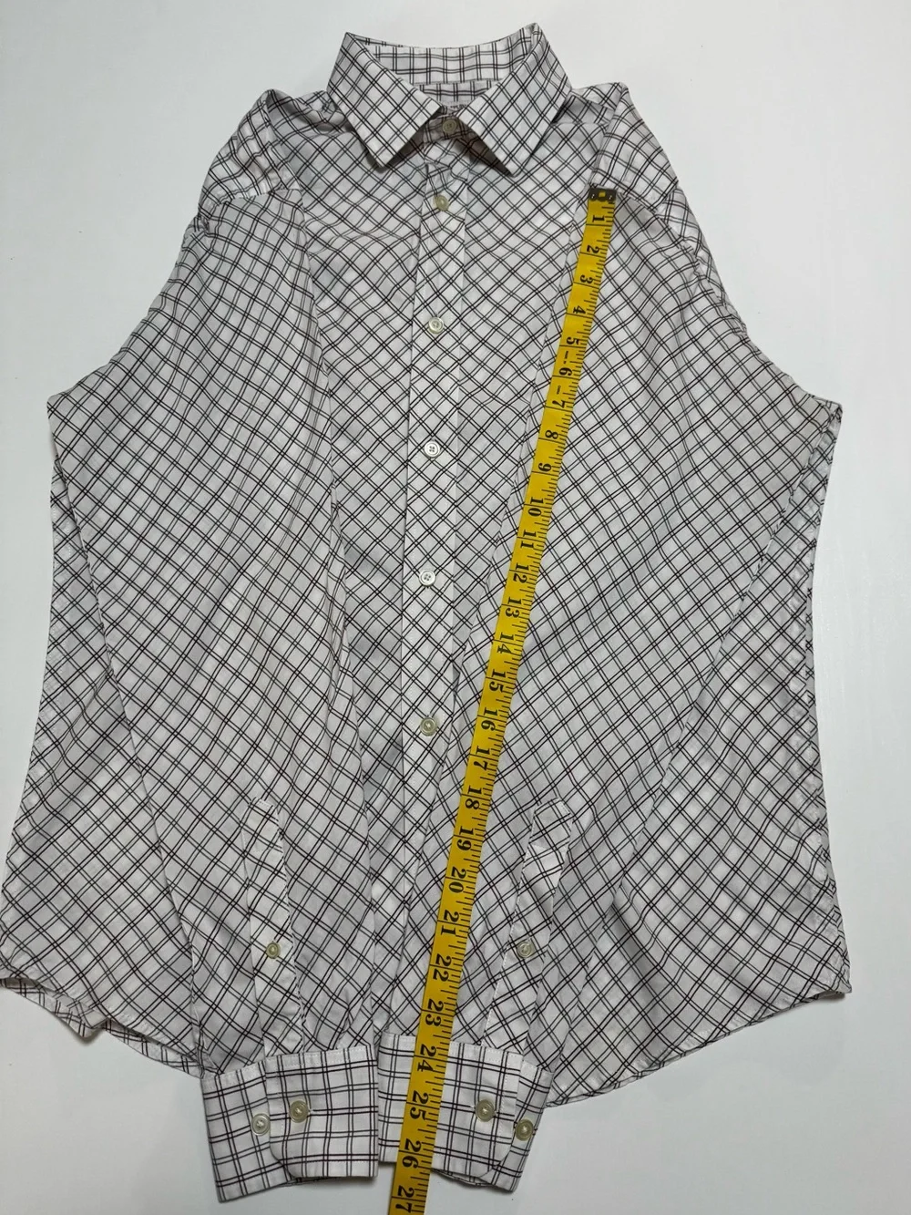 Banana Republic Cotton White Shirt with Black, burgundy Grid Plaid, M